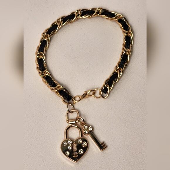 Authentic Chanel Gold Black faux leather Chain Bracelet - Picture 1 of 3